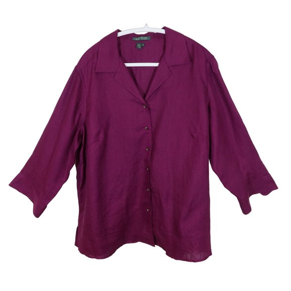 Lauren Ralph Lauren Tops - LAUREN RALPH LAUREN 100% Linen Button Up 3/4 Sleeve Blouse Size 1X Purple